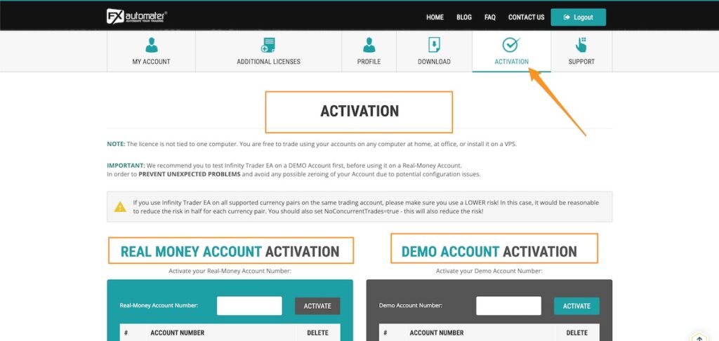 attivazione di infinity trader EA su conti reali e conti demo